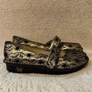 Alegria Paloma Gold Black Floral Lace Leather Mary Jane Shoes FEL-326 Women's 8